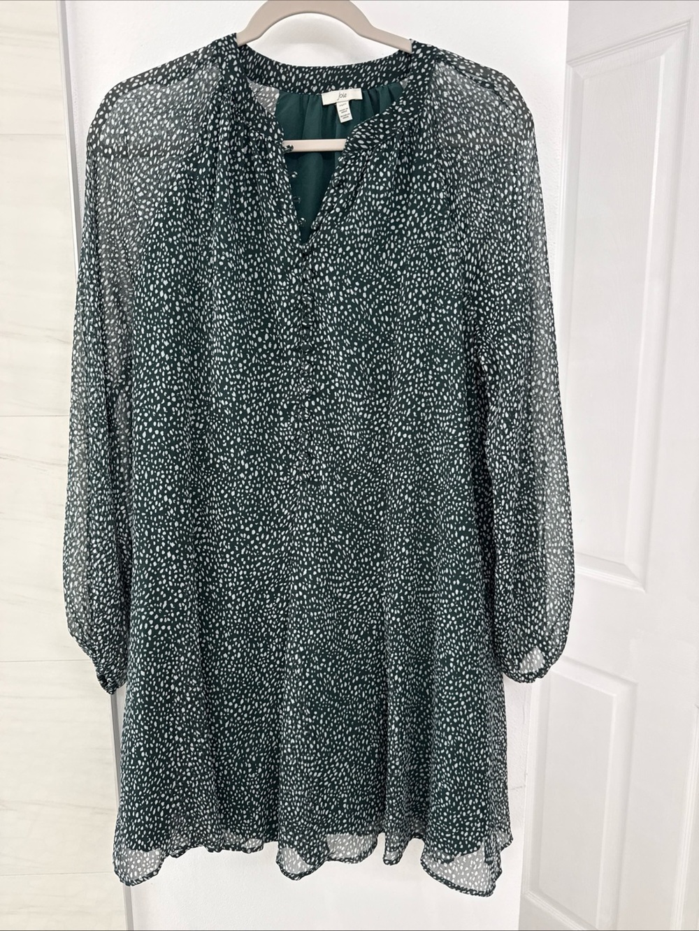 Joie Chiffon Mini Dress Green White Speckled Print Long Sleeve Boho Shift Medium